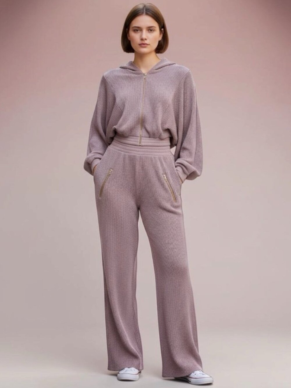 Matching Outfit Ribbed Hoodie Jacket/Wide Leg Pants SZ S M L Lavender Loose Fit